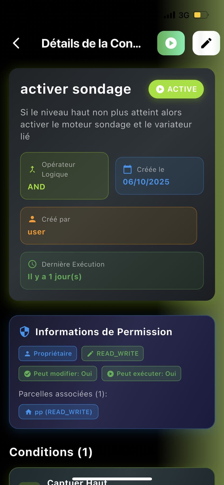 Trigger conditions screen in the SmartGreen app